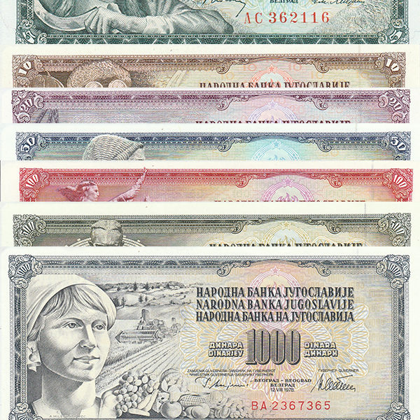 Yugoslavia, Uncirculated Set of Dinara 5;10;20;50;100;500;1000, Issued from 1968-1986. ROW 147.