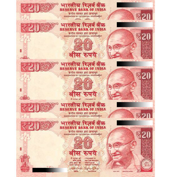 India?s Uncirculated 5 Consecutive Notes of 20 Rupees. ROW 158.