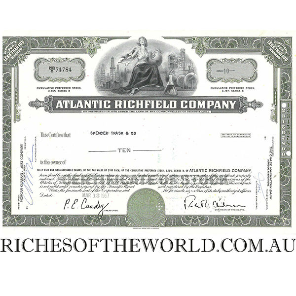 Atlantic Richfield Company Stock Certificate. Pennsylvania. ROW190.