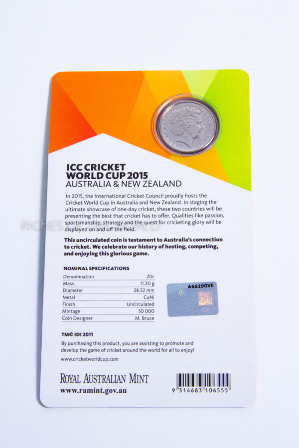 Australia's 2015 Cricket World Cup Coin 20 Cents. ROW 288. - Image 2